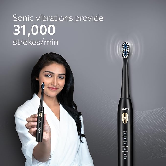 AGARO COSMIC LITE Sonic Electric Tooth Brush For Adults With 5 Modes, 2 Brush Heads & Rechargeable With 4 Hours Charge Lasting Up To 25 Days, Power Toothbrush, (Black) - Image 2
