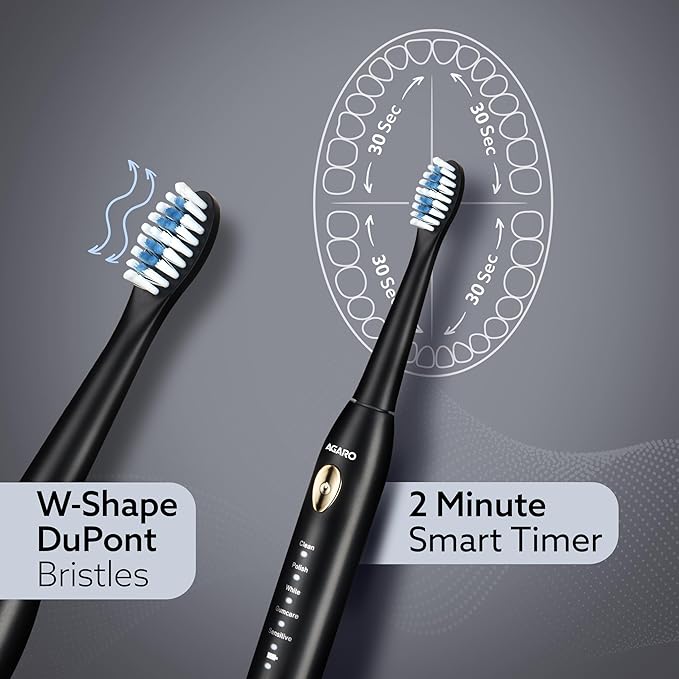 AGARO COSMIC LITE Sonic Electric Tooth Brush For Adults With 5 Modes, 2 Brush Heads & Rechargeable With 4 Hours Charge Lasting Up To 25 Days, Power Toothbrush, (Black) - Image 4