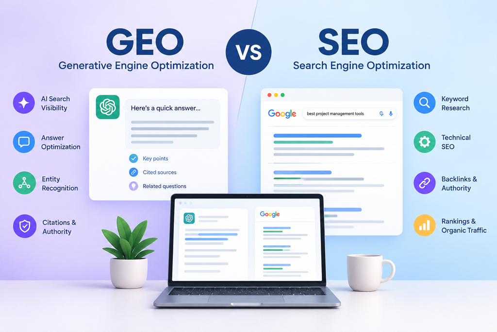**Alt text:**
“Infographic comparing GEO (Generative Engine Optimization) and SEO (Search Engine Optimization), showing AI search visibility, answer optimization, entity recognition, and citations on the GEO side, and keyword research, technical SEO, backlinks, rankings, and organic traffic on the SEO side.”