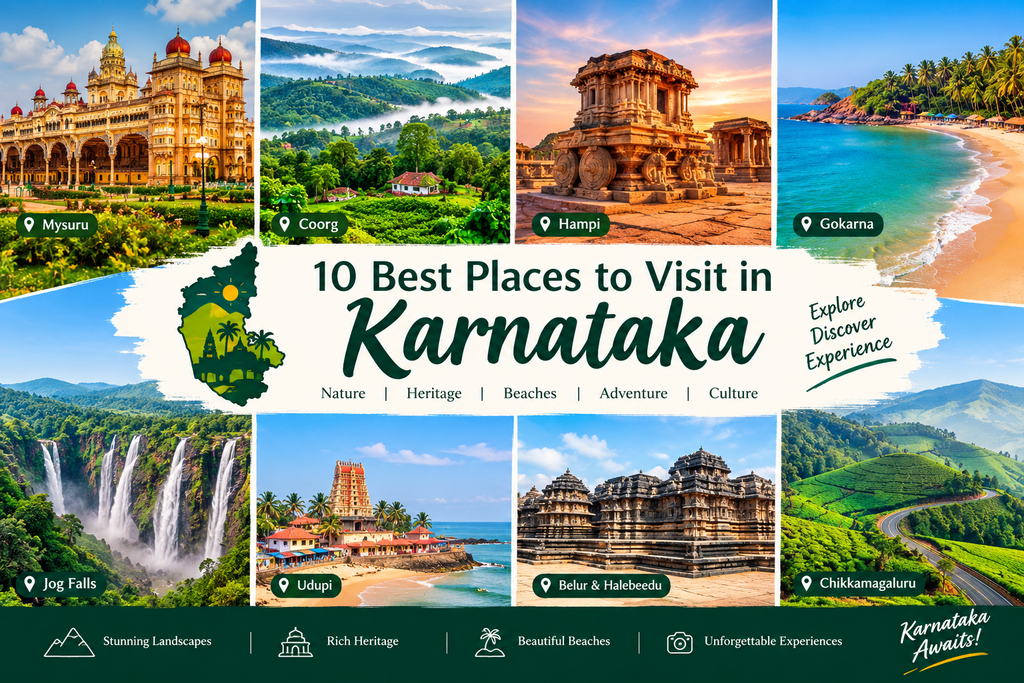 Travel collage featuring the best places to visit in Karnataka, including Mysuru Palace, Coorg hills, Hampi ruins, Gokarna beach, Jog Falls, Udupi, Belur and Halebeedu temples, and Chikkamagaluru landscapes.