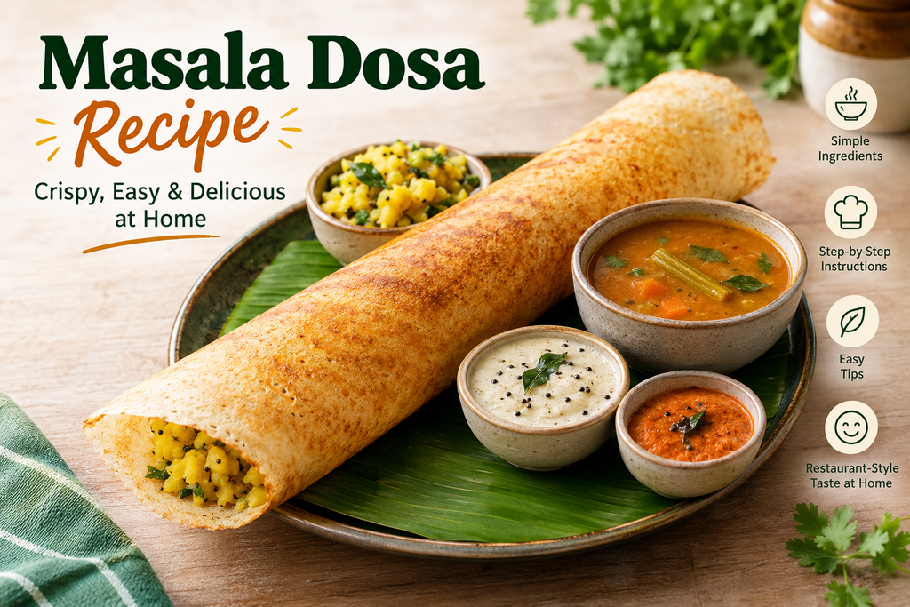 Crispy masala dosa filled with spiced potato masala, served with coconut chutney, tomato chutney, and sambar on a banana leaf.